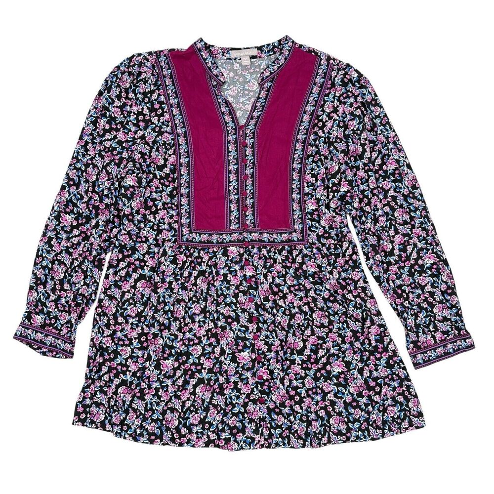 Woman Within Top Womens Size 14 / 16 Medium Pink Floral Button Front Cottagecore